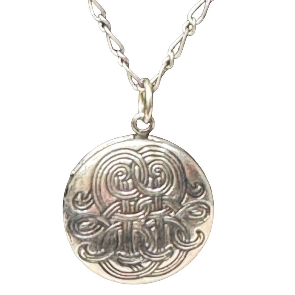 Vintage Finland Round Locket Good Luck Sterling Silver Necklace Engraved  24"